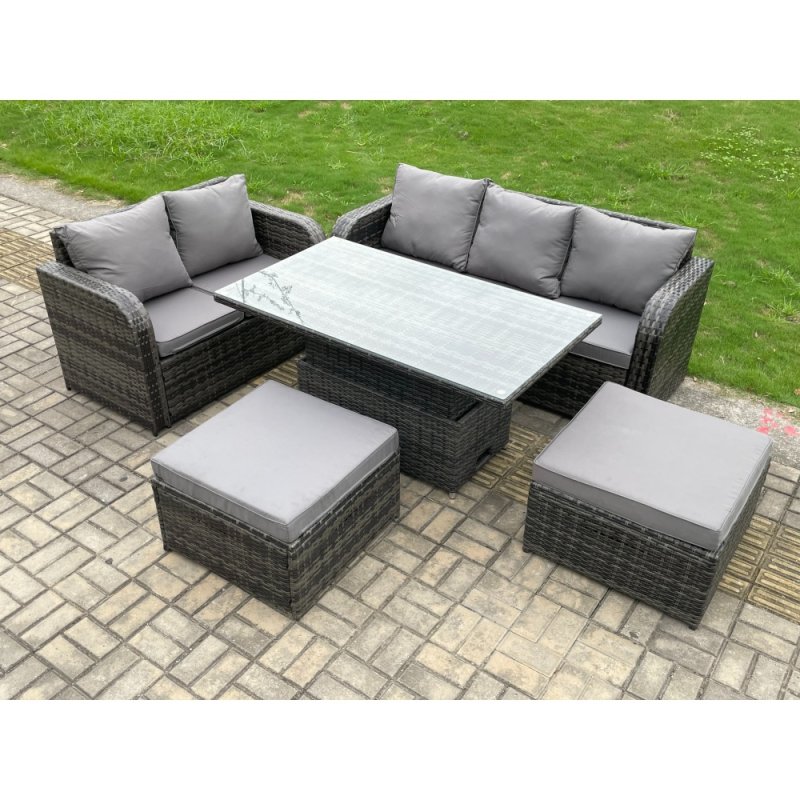 Fimous Outdoor Rattan Garden Furniture Sets Height Adjustable Rising lifting Dining Table Lounge Sofa Set With 2 Big Footstool Dark Grey Mixed