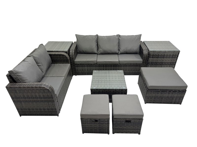 Fimous Wicker PE Rattan Garden Outdoor Furniture Set Love Sofa Square Coffee Table Set with 3 Stools 2 Side Tables Dark Grey Mixed