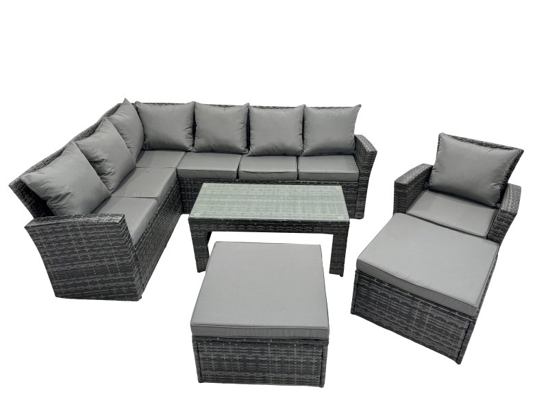 Fimous 9 Seat Poly Rattan Outdoor Patio Oblong Coffee Table Corner Sofa Set with 2 Big Stool Chair for Garden Backyard Dark Grey Mixed