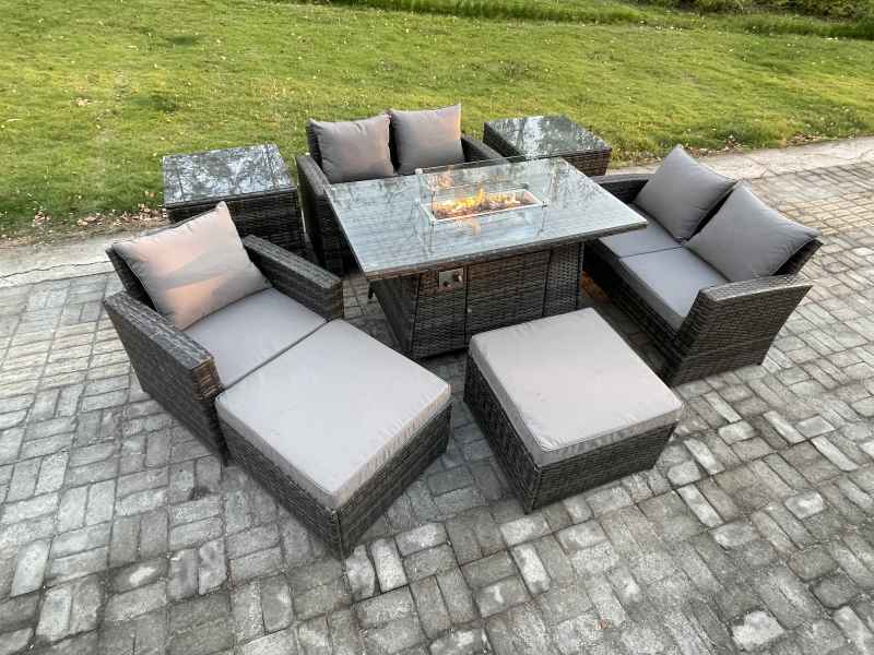 Fimous 7 Seater Rattan Outdoor Garden Furniture Gas Fire Pit Table Sets Gas Heater with Love Sofa Armchair 2 Big Footstool 2 Side Tables Dark Mixed Grey