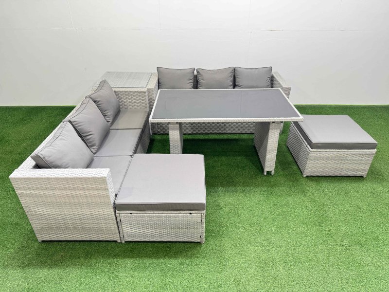 Fimous Rattan Garden Furniture Dining Set 8-seater Patio Rectangular Table Sofa Set with Side Table 2 Big Stools Light Grey
