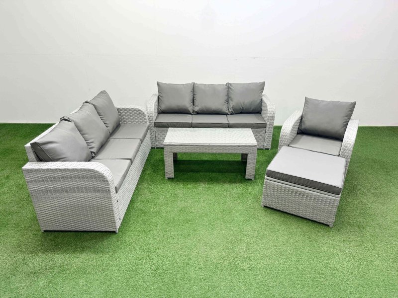 Fimous 8 Seater Poly Rattan Outdoor Garden Furniture Oblong Coffee Table Sofa Set Patio 3 Seater Sofa Reclining Chair 3 Seater Sofa Big Footstool Light Grey