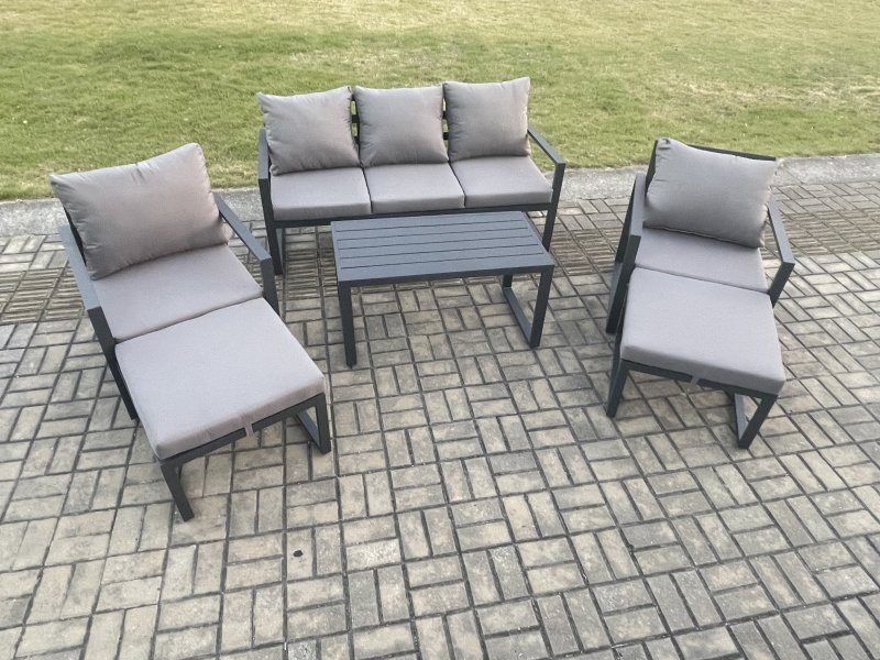 Fimous Aluminium 6 Pieces Garden Furniture Sofa Set with Cushions 7 Seater Outdoor Patio Set with 2 Armchair 2 Big Footstools Dark Grey