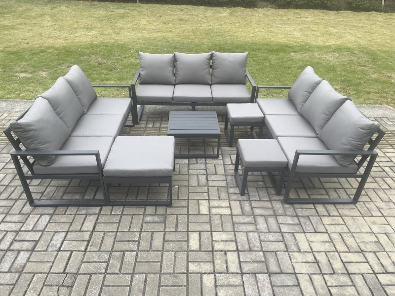 Fimous Aluminium Outdoor Garden Furniture Set Patio Lounge Sofa with Square Coffee Table 3 Footstools Conservatory Set Dark Grey