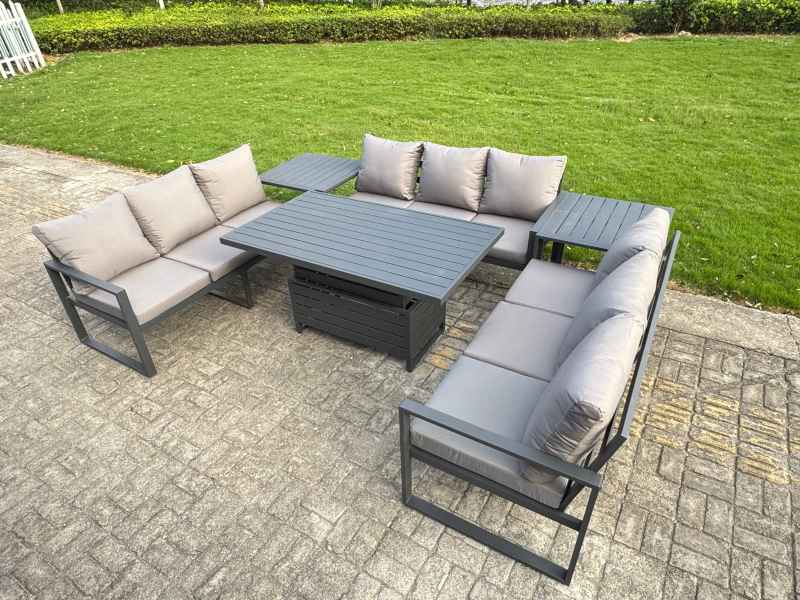 Fimous U-shaped Garden Furniture Set 9-Seater Aluminium Outdoor Dining Set with Adjustable Rising Lifting Dining Table Side Table Dark Grey