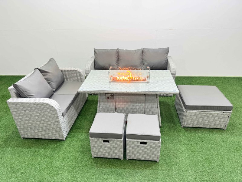 Fimous 8 Seater PE Rattan Wicker Garden Furniture Patio Conservatory Sofa Set with Firepit Dining Table 3 Seater Sofa Love Sofa 3 Stool