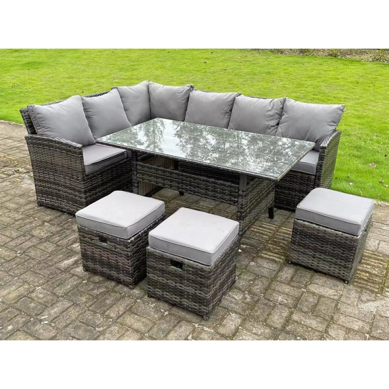 Fimous Semi-Assembled 9 Seater Rattan Garden Furniture Corner Sofa Dining Sets Outdoor Patio With 3 Stools