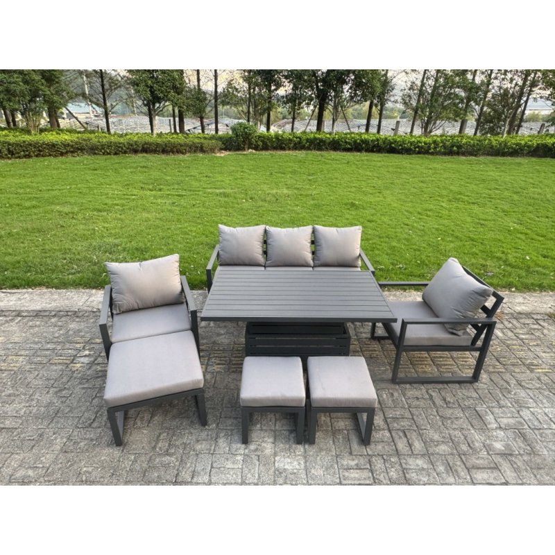 Fimous 8-Piece Aluminium Garden Furniture Sets 7 Seater Outdoor Sofa Set with Adjustable Rising Lifting Dining Table 2 Chairs 2 Big Footstools 2 Side Tables
