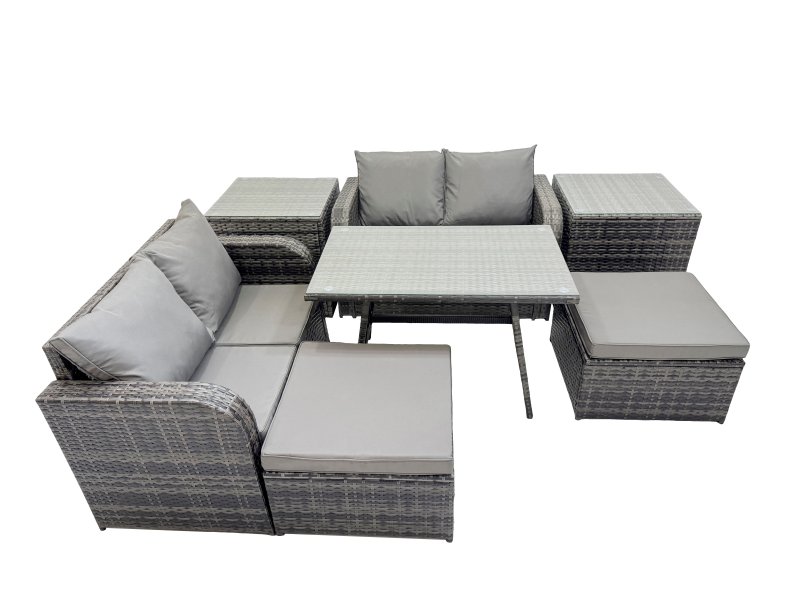 Fimous 6 Seater Garden Outdoor Rattan Furniture Set Rattan Sofa Oblong Dining Table with 2 Side Table Dark Grey