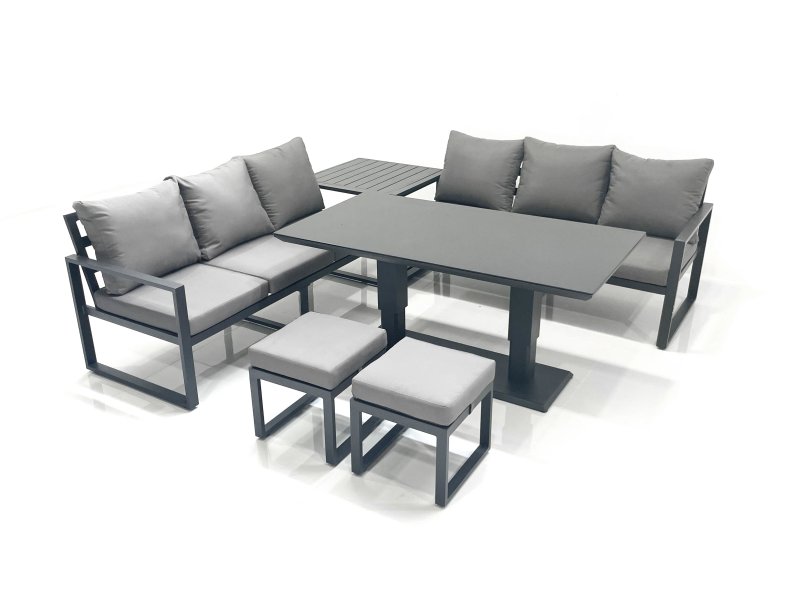 Fimous 8 Seater Aluminium Outdoor Garden Furniture Set with Adjustable Rising Lifting Dining Table 3 Seater Sofa 2 Small Footstool Side Table Dark Grey