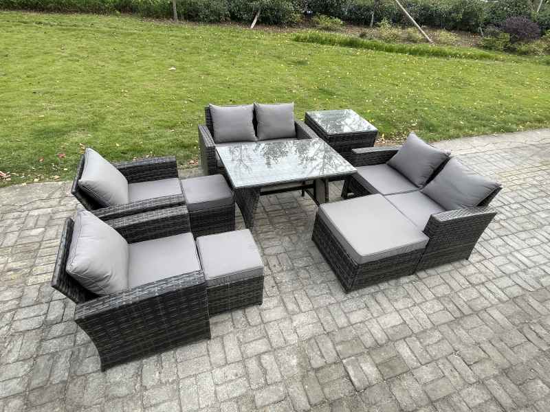 Fimous Garden Furniture Sets 9 Pieces Wicker Rattan Furniture Manual Wicker Patio Sofa Patio Conversation Set with 3 Footstools Side Table Dark Grey Mixed
