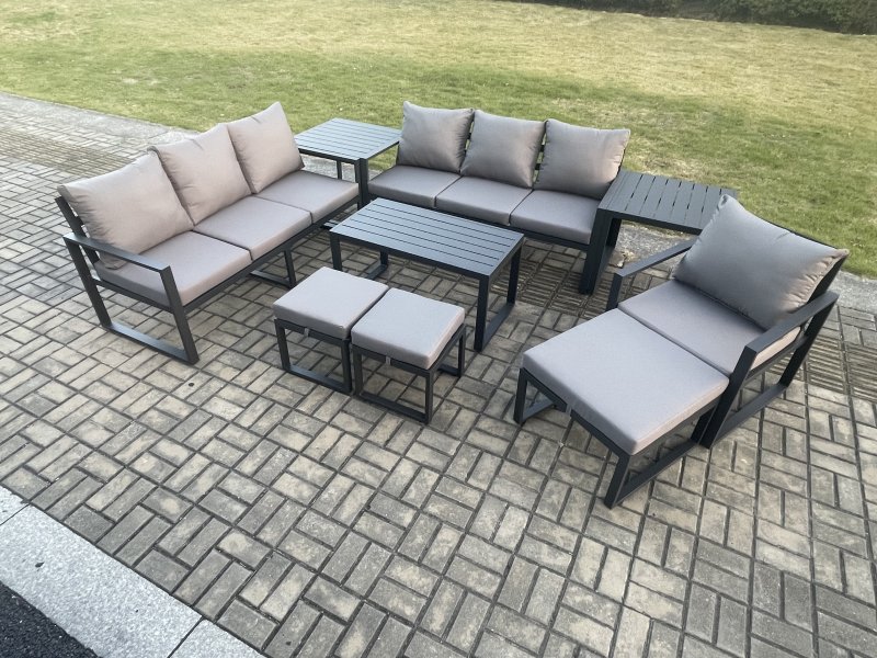 Fimous Aluminium 9 Pieces Garden Furniture Set with Cushions 10 Seater Outdoor Patio Lounge Sofa Set with Armchair 3 Footstools 2 Side Tables Dark Grey