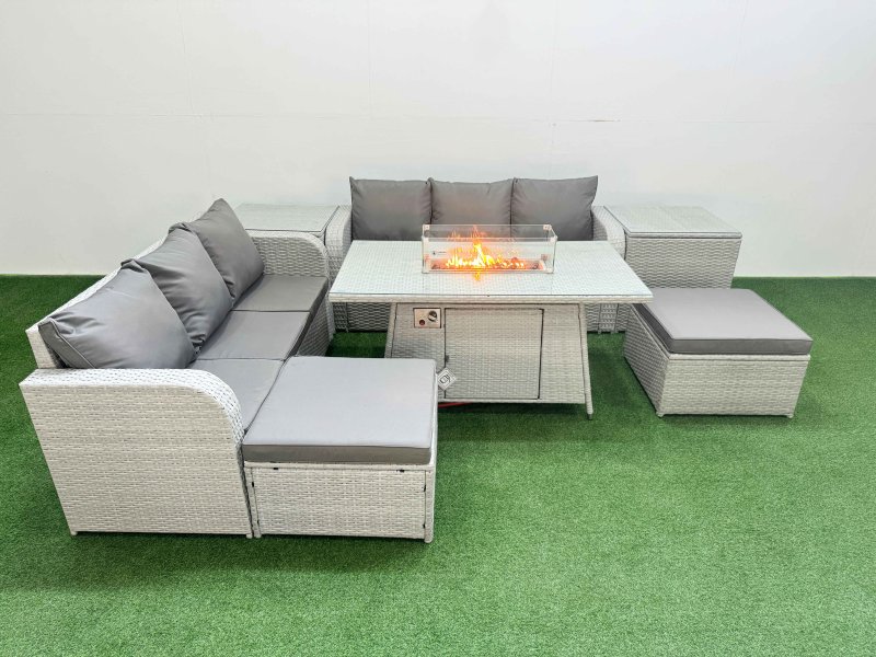 Fimous Outdoor Garden Furniture Sets 8 Seater Wicker Rattan Furniture Sofa Sets with Firepit Dining Table high Back Lounge Sofa 2 Big Footstool 2 Side Table Light Grey