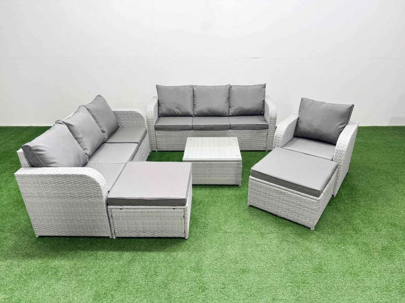 Fimous 9 Seater Poly Rattan Outdoor Garden Furniture Square Coffee Table Sofa Set Patio 3 Seater Sofa Reclining Chair 3 Seater Sofa 2 Big Footstools Light Grey