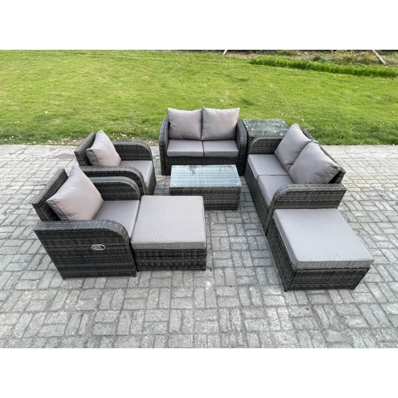 Fimous 8 Seater Rattan Garden Furniture Set Patio Outdoor Lounge Sofa Set with Rectangular Coffee Table 2 Big Footstool Love Sofa Side Table Dark Grey Mixed