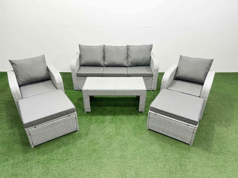 Fimous PE Rattan Garden Furniture Set Reclining Chair Sofa Lounge Sofa Set Rectangular Coffee Table 2 Big Footstool Light Grey