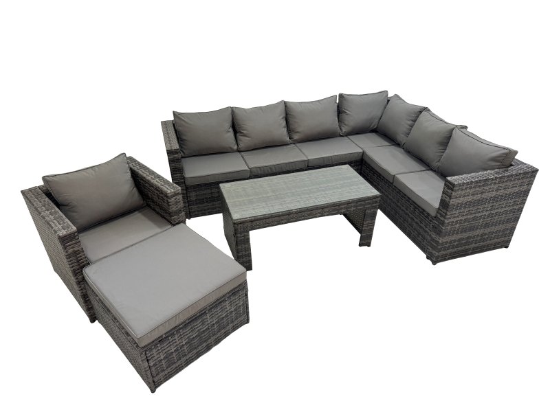 Fimous Outdoor Rattan Oblong Coffee Table Corner Sofa Sets Garden Furniture Set with Chair Big Stool Dark Grey Mixed