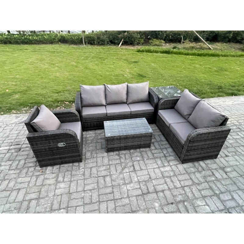 Fimous Patio Garden Furniture Sets Wicker 6 Seater Outdoor Rattan Furniture Sofa Sets with Rectangular Coffee Table Reclining Chair 3 Seater Sofa Side Table