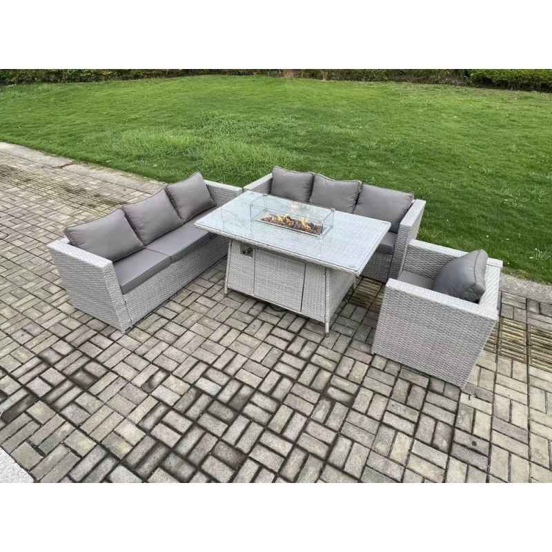Fimous 7 Seater Outdoor Garden Dining Sets Rattan Furniture Gas Fire Pit Dining Table Gas Heater with Armchair Light Grey