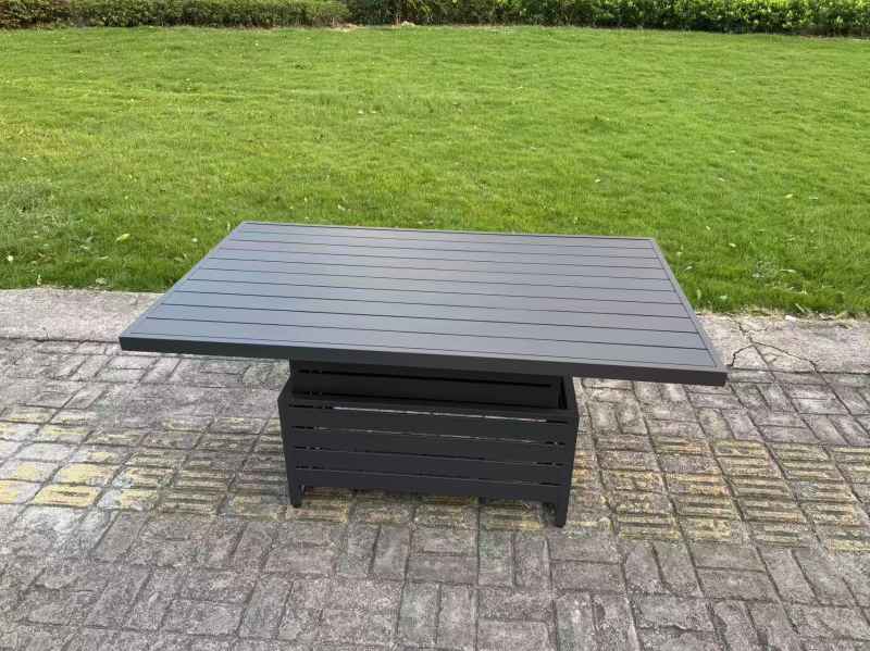 Fimous 9 Pieces Aluminium Garden Furniture Set with Cushions, Patio Furniture Set with Adjustable Rising Lifting Dining Table 2 Big Footstools Dark Grey