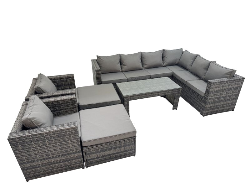 Fimous Outdoor Rattan Oblong Coffee Table Corner Sofa Sets Garden Furniture Set with 2 Chairs 2 Big Stools Dark Grey Mixed