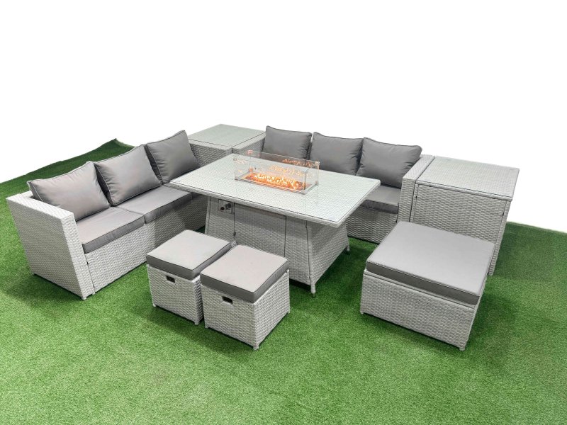 Fimous 9 Seat PE Rattan Lounge Sofa Set Outdoor Garden Furniture Set with Firepit Dining Table 3 Seater Sofa 3 Stools 2 Side Tables Light Grey