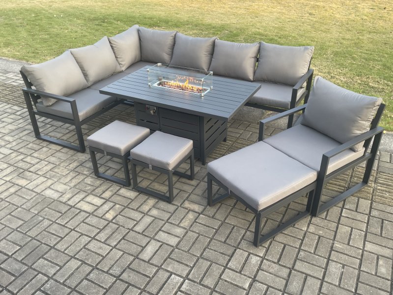 Fimous Aluminium 9 Pieces Garden Furniture Corner Sofa Set with Cushions Gas Fire Pit Dining Table Set with Chair 3 Footstools Dark Grey