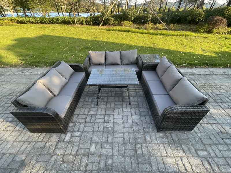 Fimous 9 Seater Wicker Rattan Garden Furniture Set with Rectangular Dining Table Side Table Patio Outdoor Lounge Sofa Set