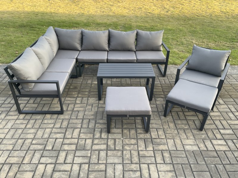 Fimous Aluminum 9 Seater Outdoor Lounge Corner Sofa Set Garden Furniture Sets with Oblong Coffee Table Chair 2 Big Footstool Dark Grey
