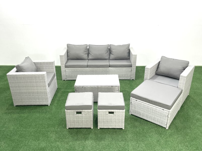 Fimous Rattan Garden Outdoor Furniture Sofa Set with Rectangular Coffee Table 2 Chairs 3 Footstools Light Grey Mixed