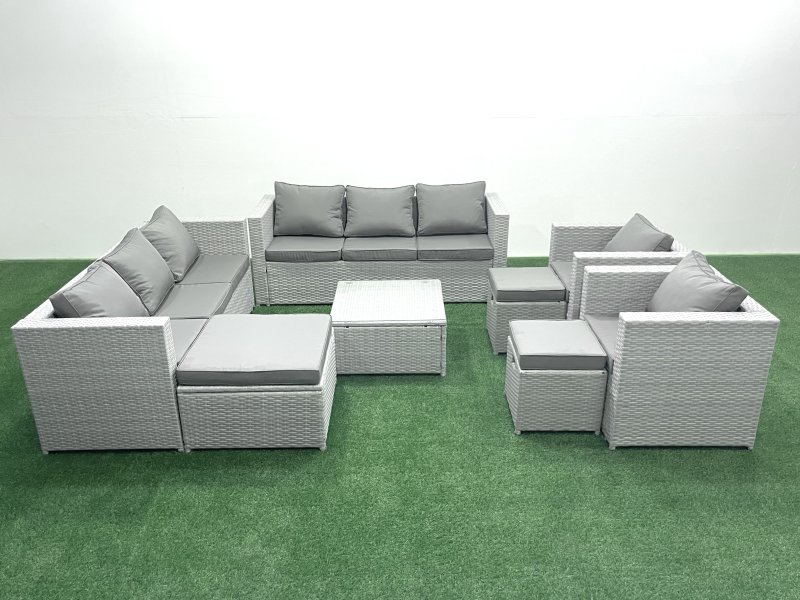 Fimous Outdoor Rattan Sofa Garden Furniture Set with 2 Armchairs Square Coffee Table 3 Footstools Light Grey Mixed