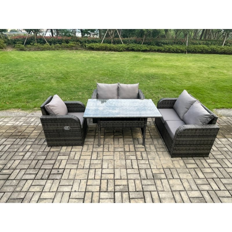 Fimous 5 Seater Lounge Rattan Sofa Set Outdoor Garden Furniture Oblong Rectangular Dining Table With Chairs Dark Grey Mixed