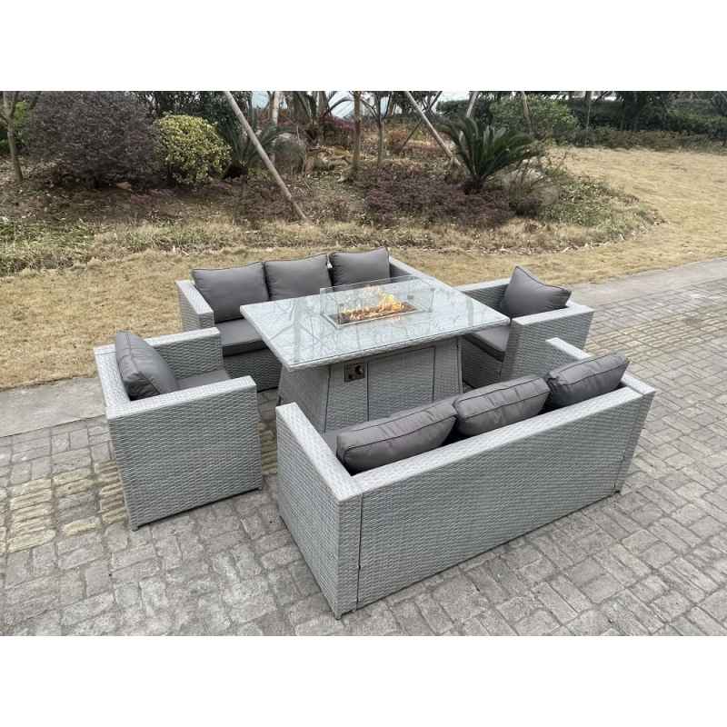 Fimous Light Grey Rattan Garden Furniture Set Gas Fire Pit Dining Set Heater Burner Lounge Sofa Chairs Outdoor