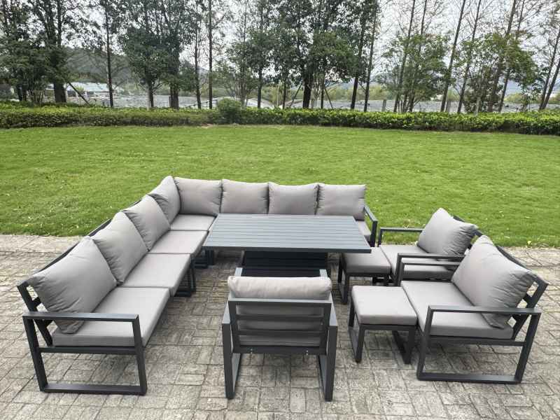 Fimous 9 Piece L-shaped Garden Furniture Set 10-Seater Aluminium Outdoor Dining Set with Adjustable Rising Lifting Dining Table 3 Chairs Dark Grey
