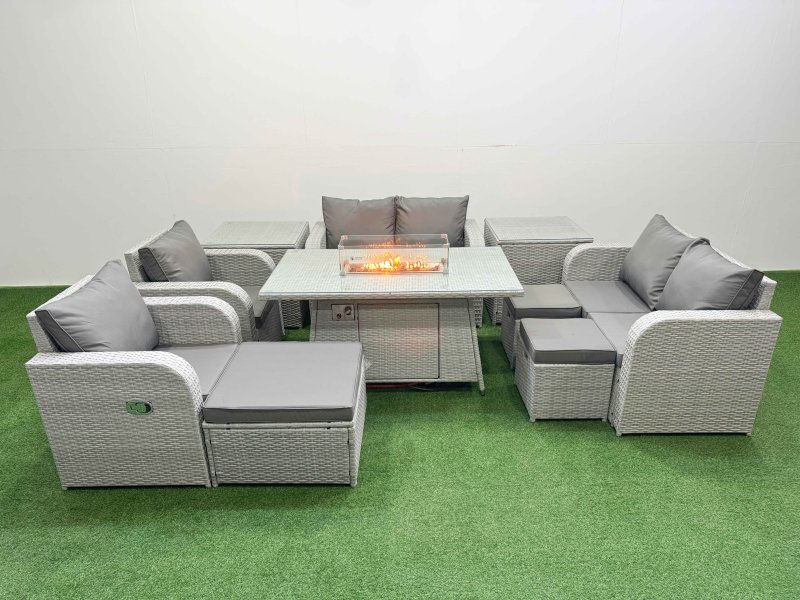 Fimous 9 Seater Outdoor Reclining Chair Love Sofa Set Rattan Garden Furniture Set with Firepit Dining Table 3 Stools 2 Side Table Light Grey