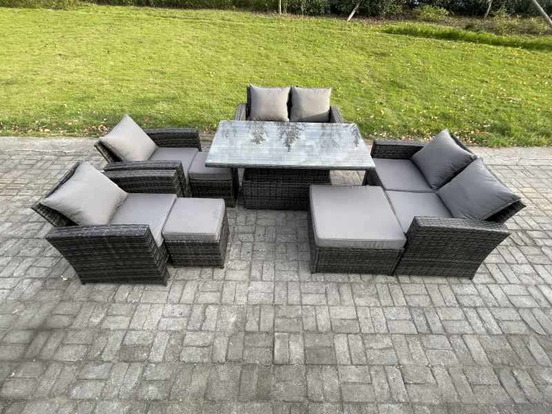 Fimous Outdoor Garden Furniture Sets 8 Pieces Wicker Rattan Furniture Sofa Dining Table Set with 3 Footstools Dark Grey Mixed
