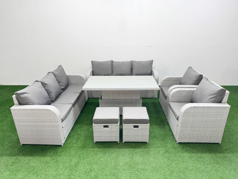 Fimous PE Rattan High Back Lounge Sofa Set Patio Adjustable Lifting Dining or Coffee Table & Chairs Set with 3 Seater Sofa Reclining Chair Stools Light Grey