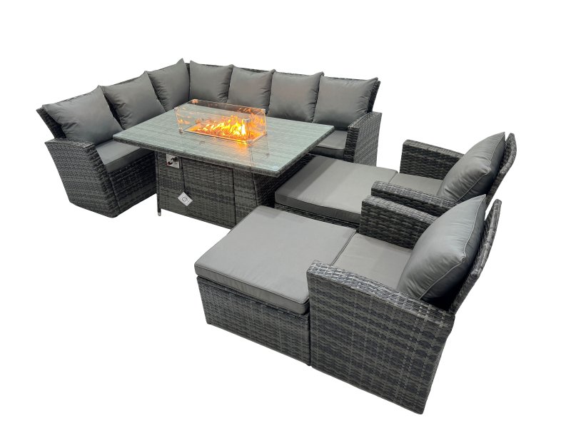 Fimous Poly Rattan Outdoor Patio Gas Firpit Dining Table Corner Sofa Set with 2 Big Stools 2 Chairs for Garden Backyard Dark Grey Mixed