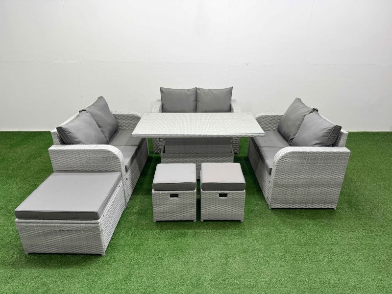 Fimous 9 Seater PE Wicker Rattan Furniture Sofa Sets with Adjustable Lifting Dining or Coffee Table 2 Seater Love Sofa 3 Stool Light Grey