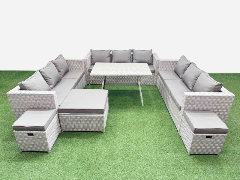 Fimous 12 Seat Outdoor Patio PE Rattan Garden Furniture with Cushions 3 Seater Sofa 3 Stool Light Grey