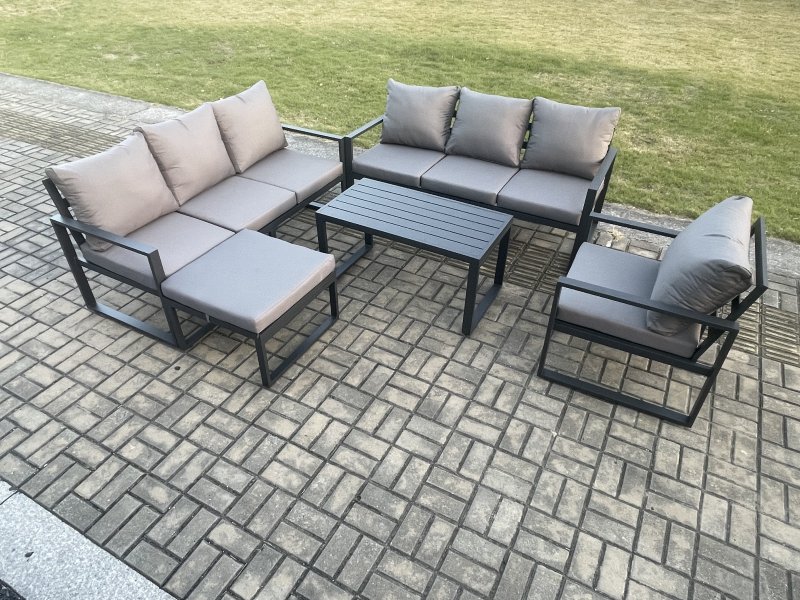 Fimous Aluminium 8 Seater Garden Furniture Outdoor Patio Sofa Set with Rectangular Coffee Table Armchair Big Footstool Dark Grey