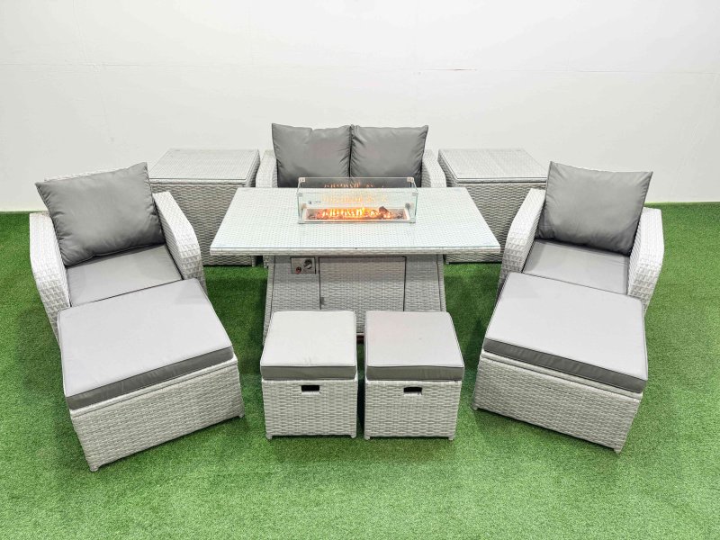 Fimous PE Rattan Lounge Sofa Set 8 Seater Outdoor Garden Furniture Set with Gas Firepit Table Love Sofa 4 Footstools 2 Side Tables Light Grey