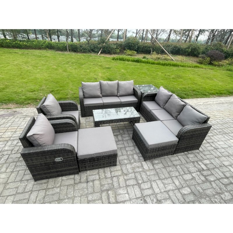 Fimous Wicker PE Rattan Sofa Set 10 Seater Outdoor Patio Garden Furniture Set with 2 Reclining Chairs Coffee Table Side Tables 2 Big Footstool Dark Grey Mixed