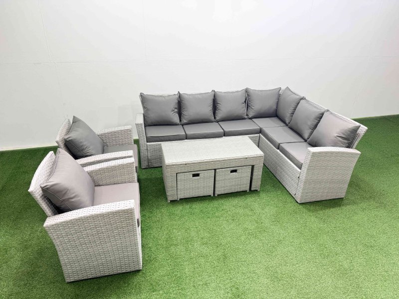 Fimous Rattan Garden Furniture Set 7 Pieces Outdoor Garden Sofa Oblong Coffee Table Set with 2 Chairs 2 Small Footstools Light Grey Mixed