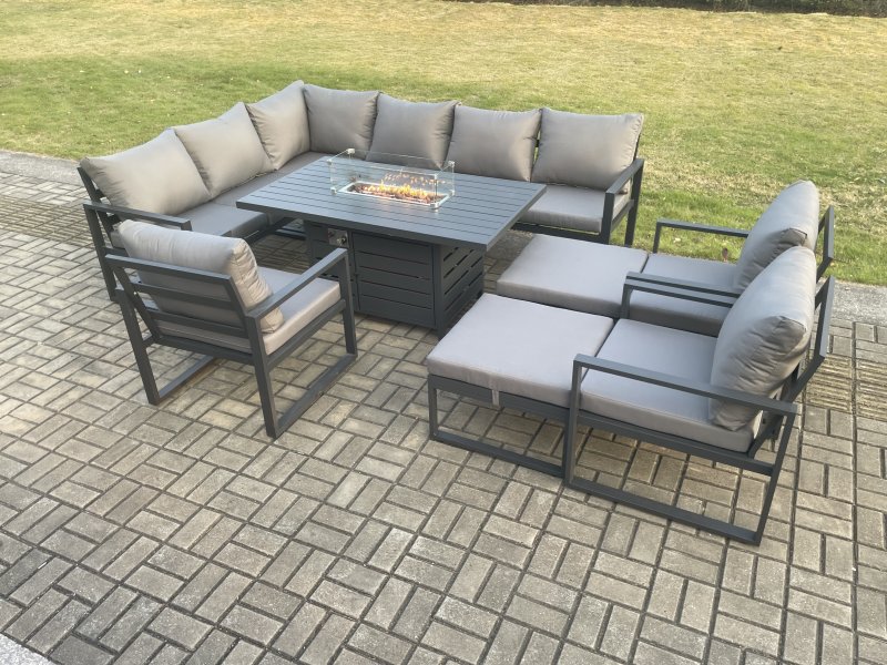 Fimous Aluminium Patio Outdoor Garden Furniture Corner Sofa Set Gas Fire Pit Dining Table with 3 Chairs 2 Big Footstools Dark Grey