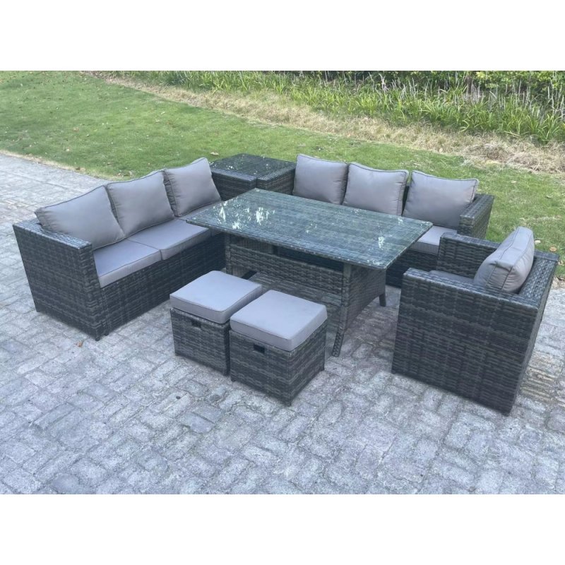 Fimous 9 Seater Outdoor Lounge Sofa Garden Furniture Set Patio Chair Rattan Rectangular Dining Table with Side Table 2 Small Footstool Dark Grey Mixed