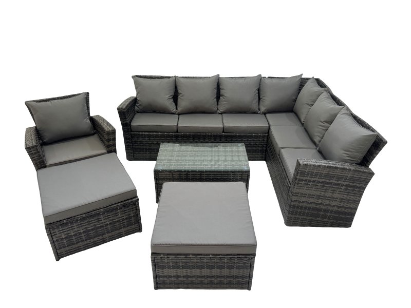 Fimous Rattan Garden Outdoor Furniture Set 9 Seater Garden Sofa Coffee Table Set with Chair 2 Big Footstools Dark Grey Mixed