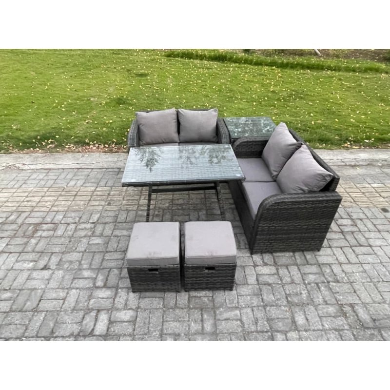 Fimous Outdoor Garden Furniture Sets 6 Pieces Wicker Rattan Furniture Sofa Sets with Rectangular Dining Table Love Sofa 2 Small Footstool Side Table