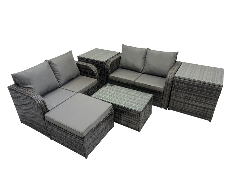 Fimous Outdoor Love Sofa Coffee Table Set Garden Rattan Furniture Set 5 Seater with 2 Side Tables Big Stool Dark Grey