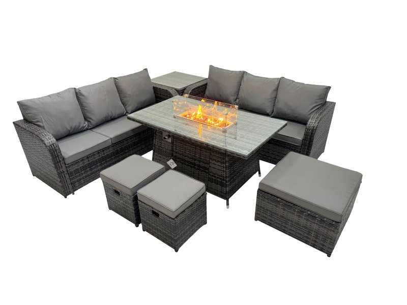 Fimous Garden Outdoor Rattan Furniture Set Rattan 3 Seater Sofa with 3 Stools Side Table Dark Grey Mixed
